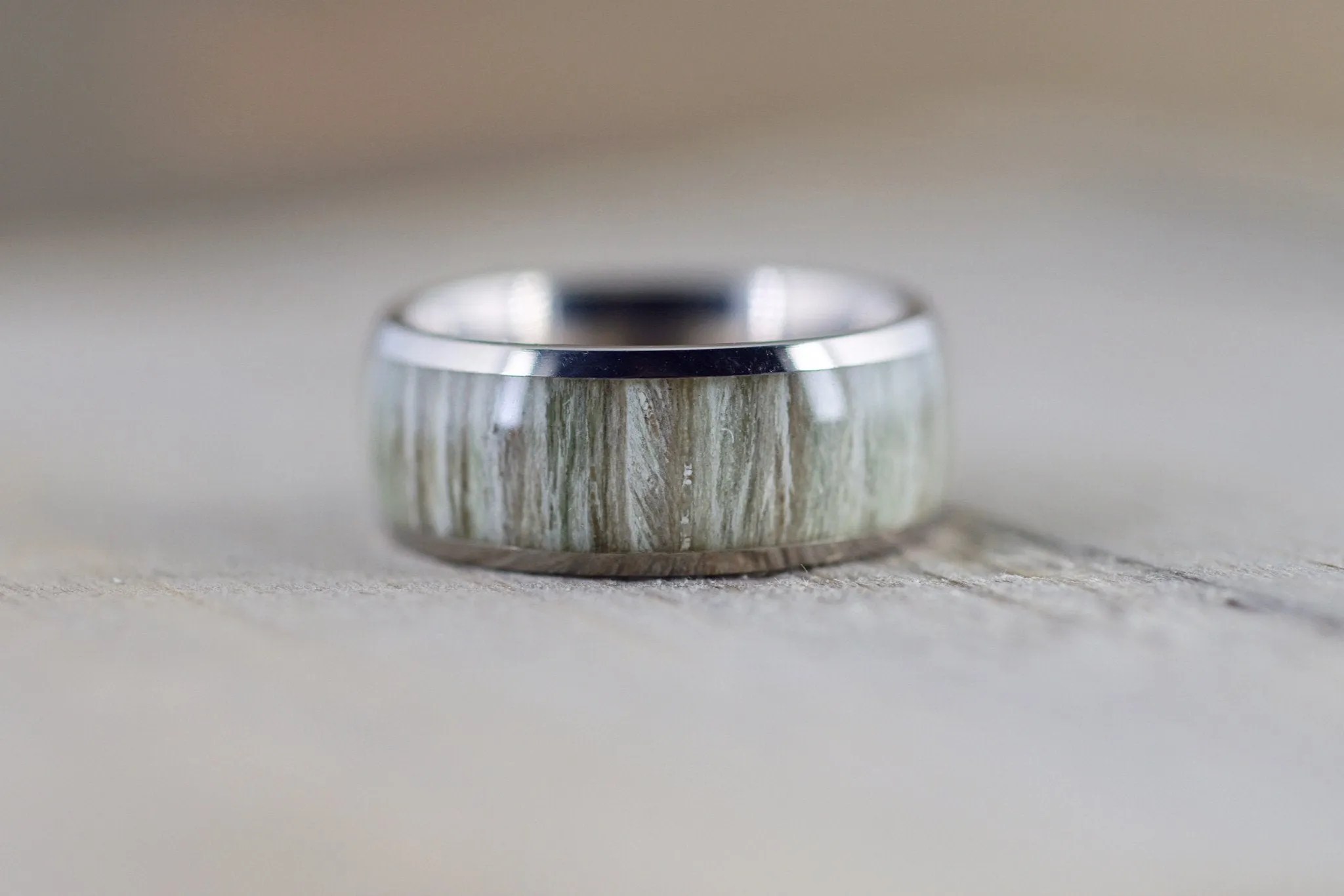 White Ash Wood Underlay in Titanium 8mm Domed High Men's Ring