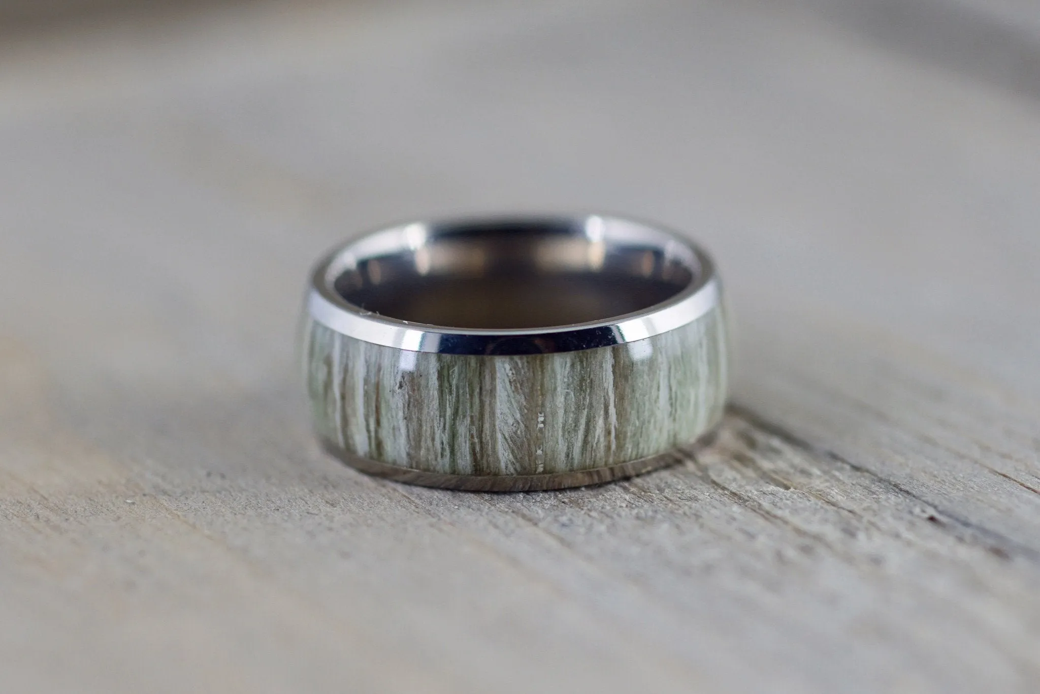 White Ash Wood Underlay in Titanium 8mm Domed High Men's Ring