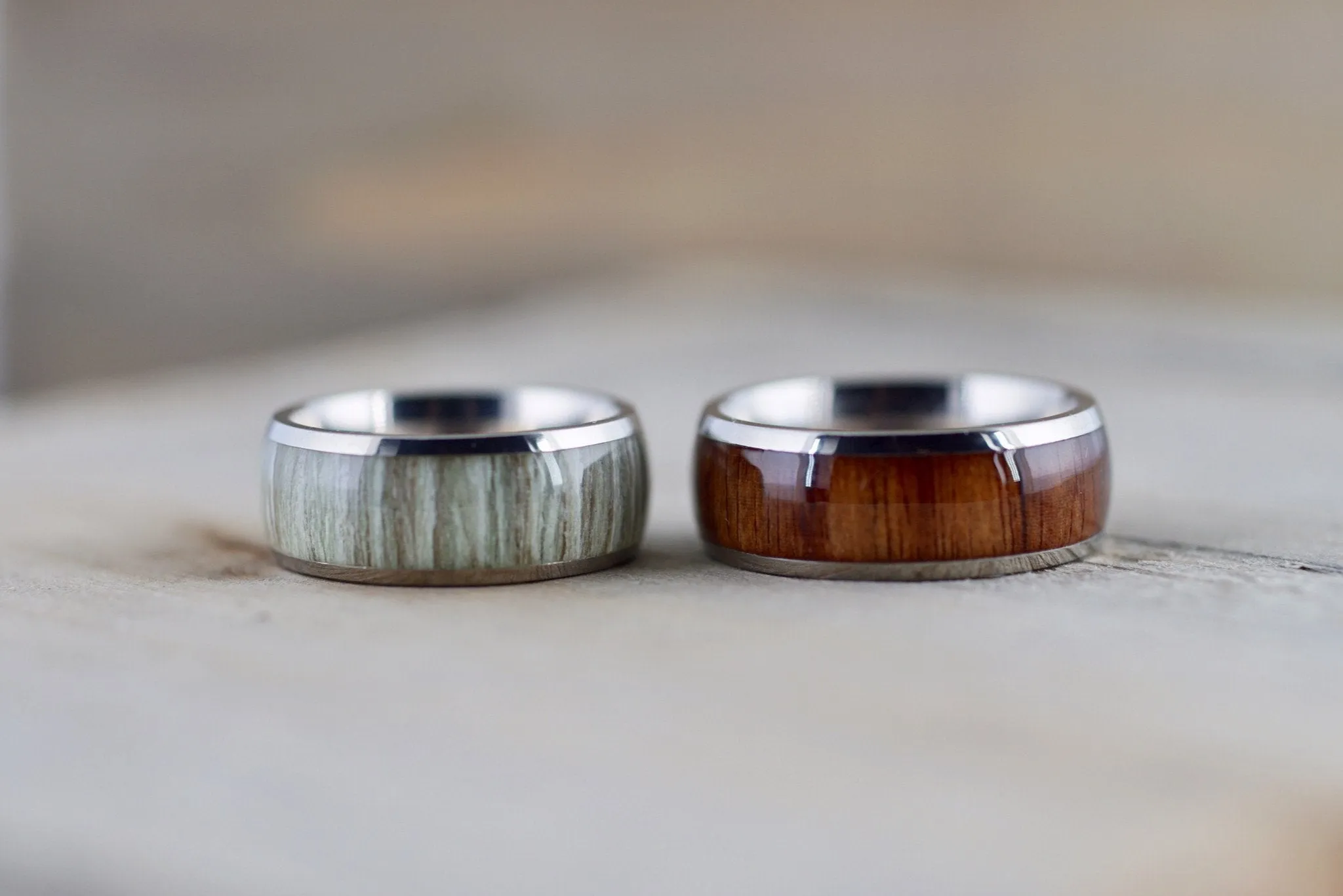 White Ash Wood Underlay in Titanium 8mm Domed High Men's Ring