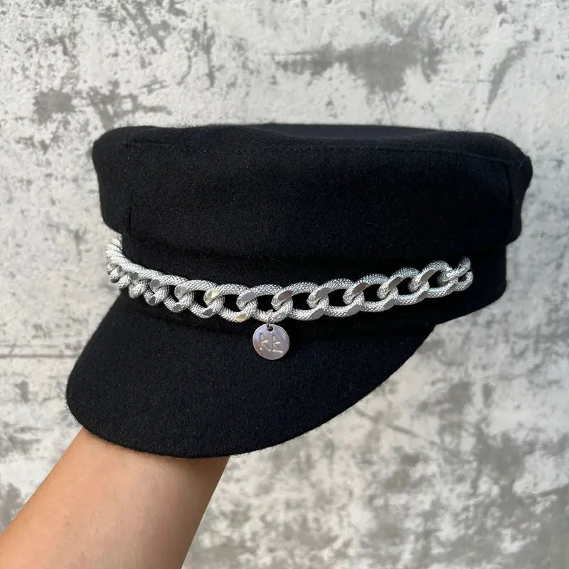 Winter Black Wool Chain Decor Visor Military Cap for Men and Women