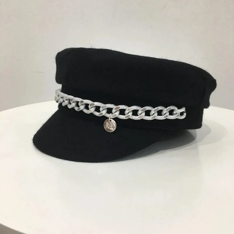 Winter Black Wool Chain Decor Visor Military Cap for Men and Women