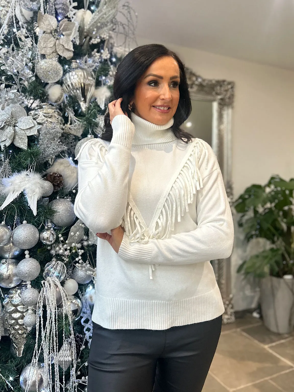 Winter White Tassel Front Roll Neck Danni