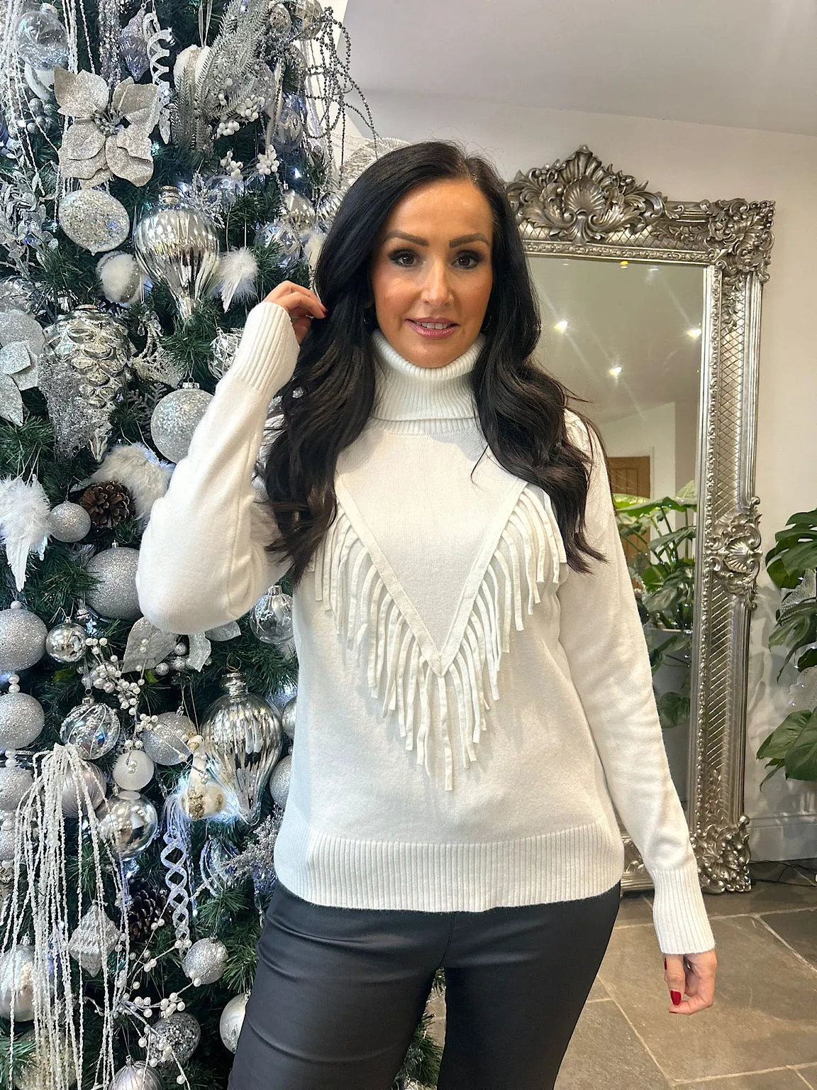 Winter White Tassel Front Roll Neck Danni