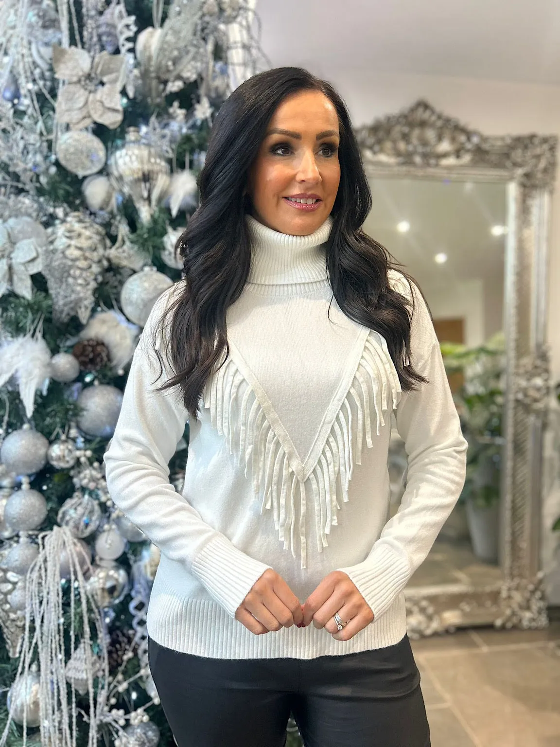 Winter White Tassel Front Roll Neck Danni