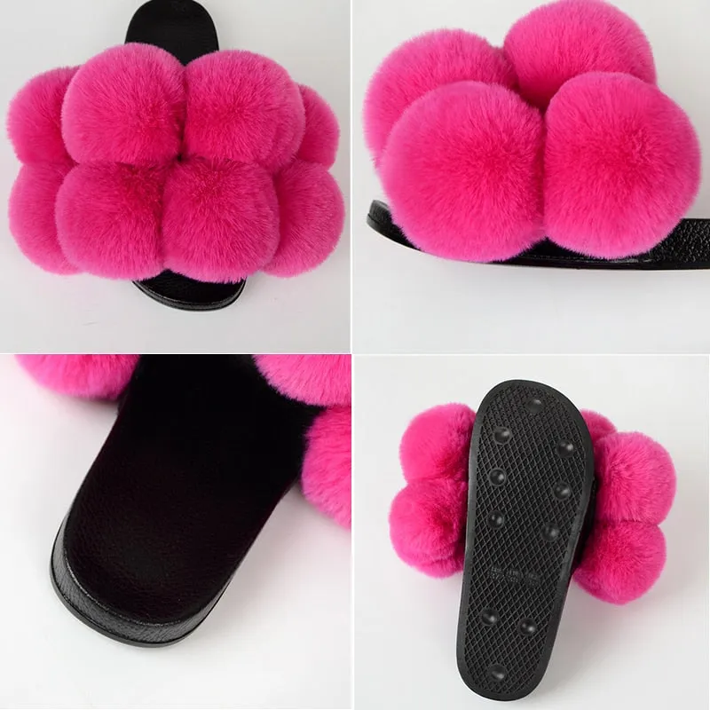 Women's Fashion Fluffy Indoor Big Flat Synthetic Fur Slides Flip Flop Slippers