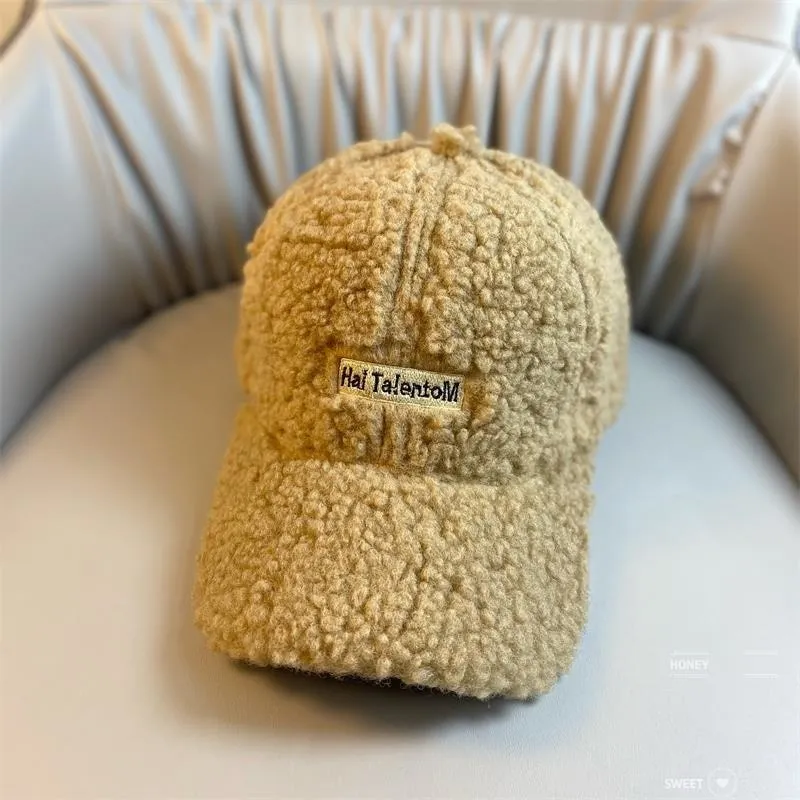 Women's Hip Hop Winter Warm Plush Lamb Wool Letter Embroidery Baseball Cap