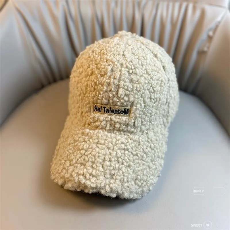 Women's Hip Hop Winter Warm Plush Lamb Wool Letter Embroidery Baseball Cap