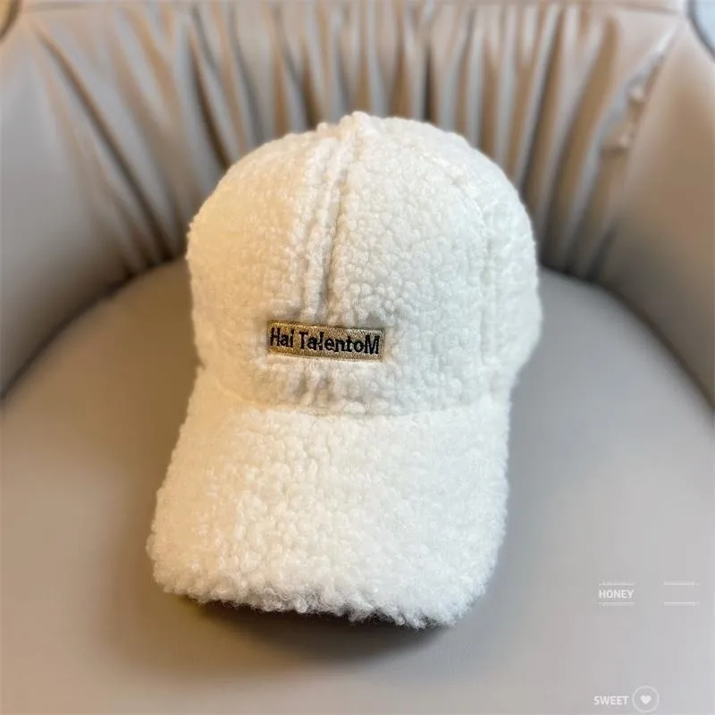 Women's Hip Hop Winter Warm Plush Lamb Wool Letter Embroidery Baseball Cap