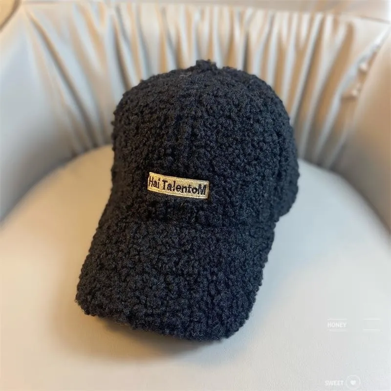 Women's Hip Hop Winter Warm Plush Lamb Wool Letter Embroidery Baseball Cap