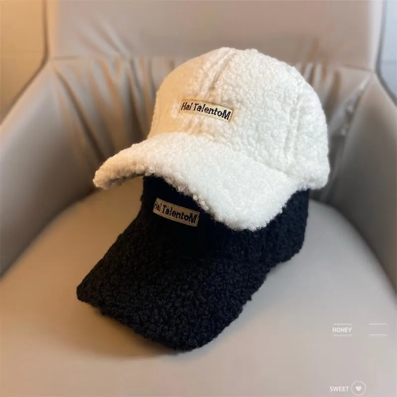 Women's Hip Hop Winter Warm Plush Lamb Wool Letter Embroidery Baseball Cap