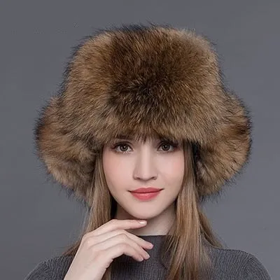 Women's Winter Handmade Warm Natural Raccoon Fox Fur Bomber Hats