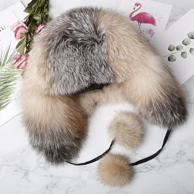 Women's Winter Handmade Warm Natural Raccoon Fox Fur Bomber Hats