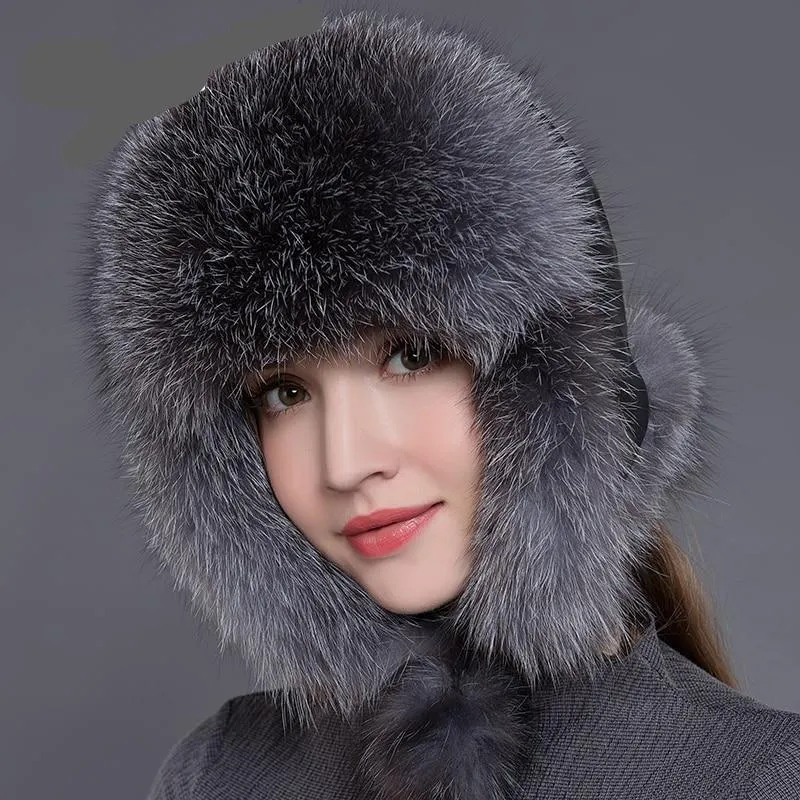 Women's Winter Handmade Warm Natural Raccoon Fox Fur Bomber Hats