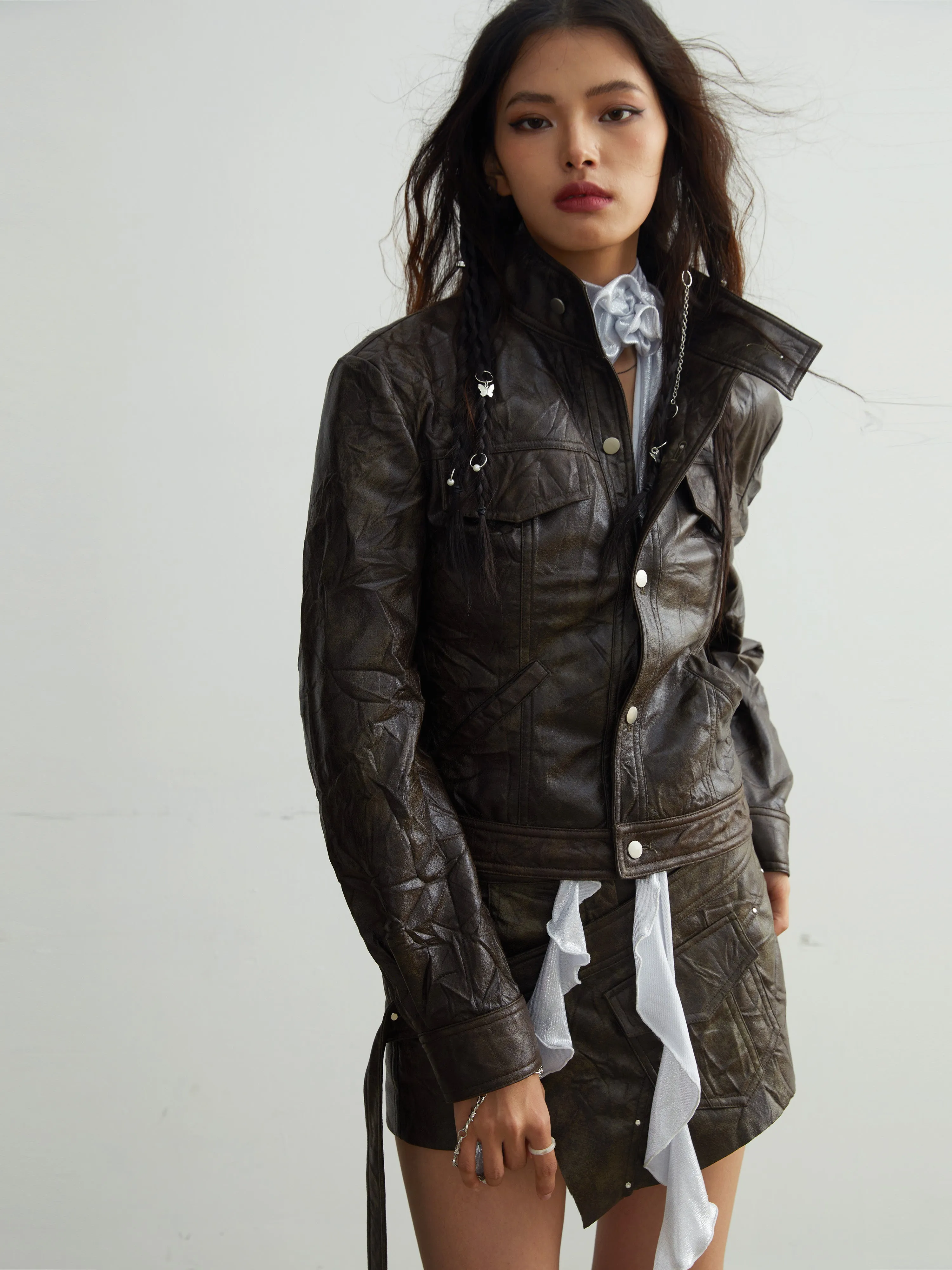 Wrinkled Texture Imitation Leather Slim Jacket